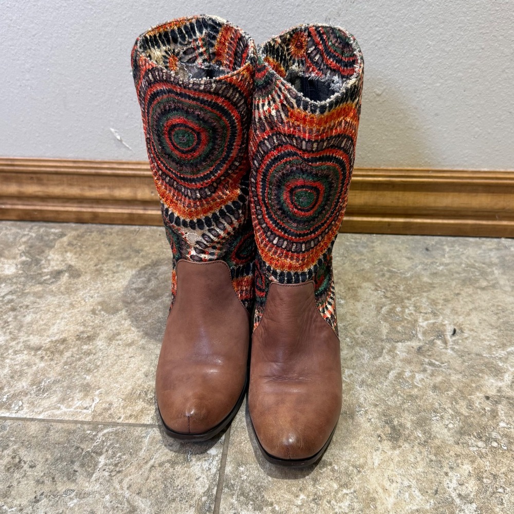 Pero Embroidered Mid Calf‎ Boots EU 36 US 5.5 6 Brown Leather Boho Festival